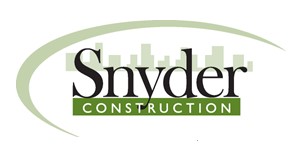 Snyder Construction logo features black font over a faint green cityscape.