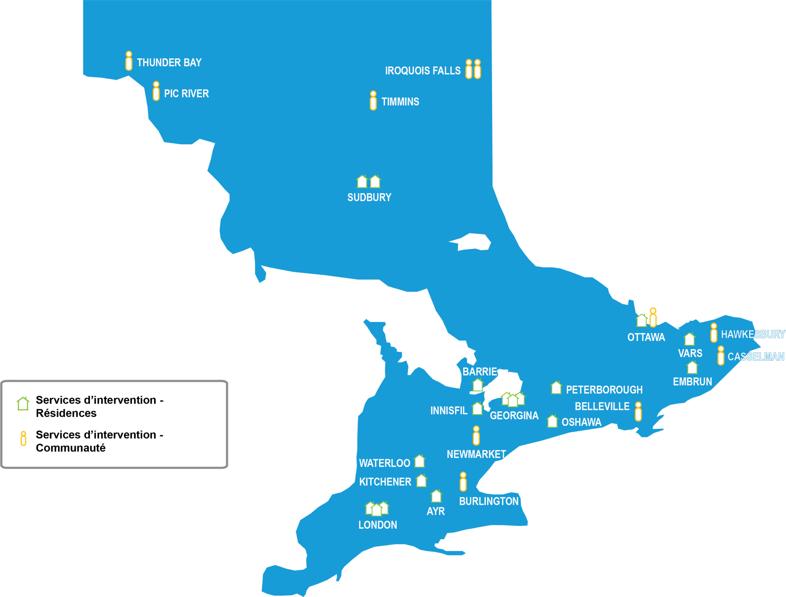 Locations Map - 2021FR DeafBlind Ontario Services' Locations in Ontario