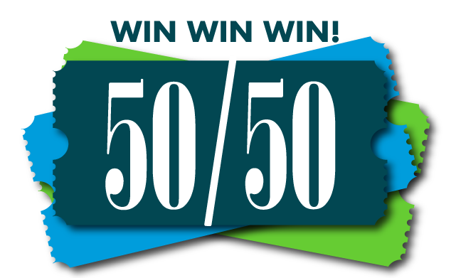 Logo for 50/50 raffle includes 3 tickets in navy, blue and green