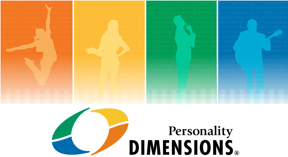 PD image Personality Dimensions logo with 4 silouettes against orange, yellow, green and blue backgrounds