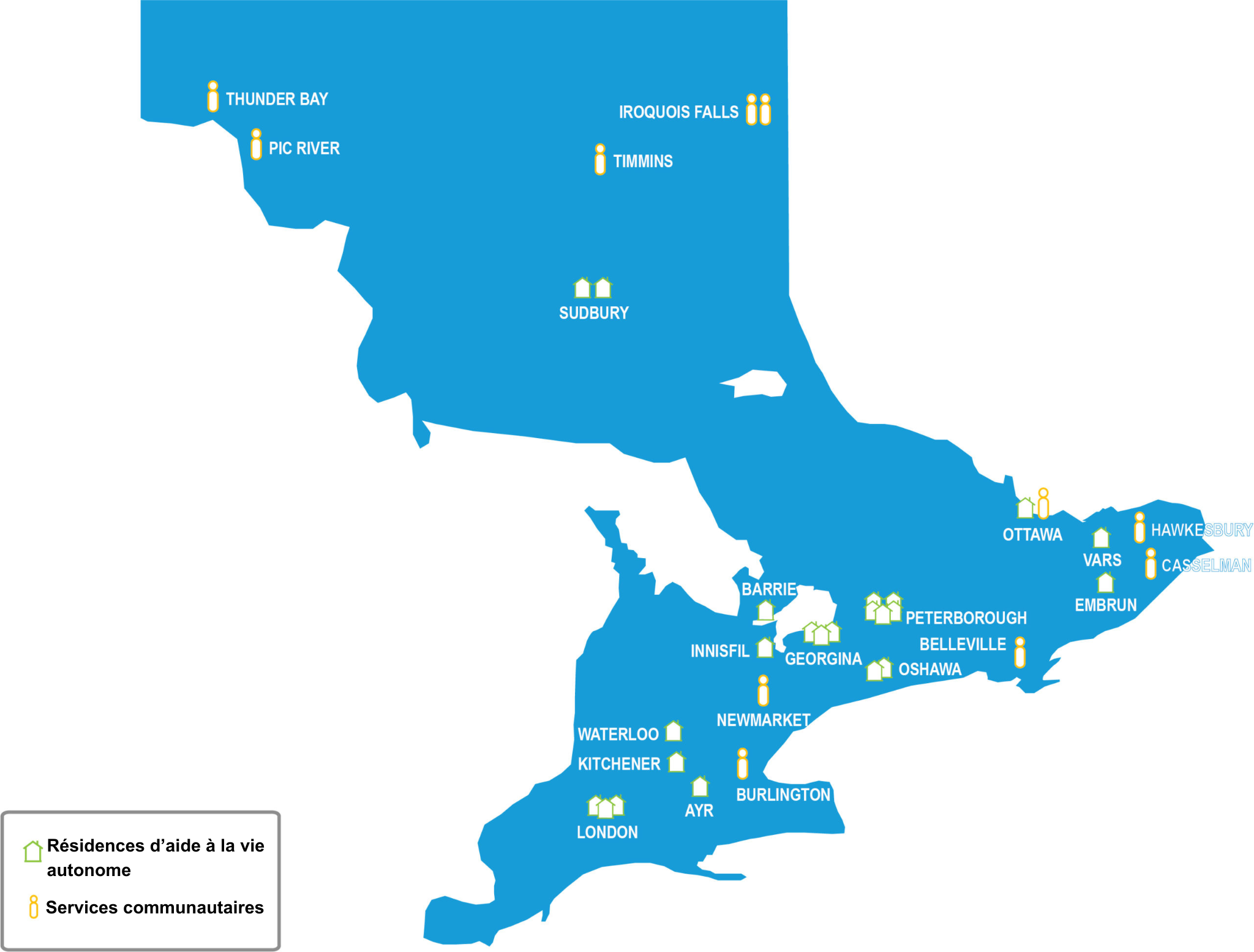 Résidences d’aide à la vie autonome et communautaires du Service ontarien de la surdicécité à travers la province sont représentés sur une carte bleue de l’Ontario.