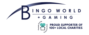 Logo for Bingo World & Gaming, with Charitable Gaming Community Good image of house and a heart