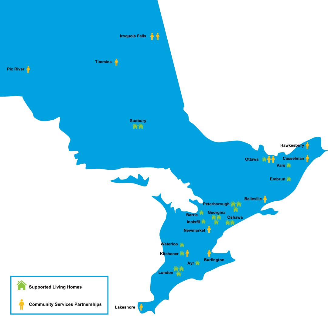 DeafBlind Ontario Services' Supported Living Homes and Community Services - Partnerships programs across the province are represented on a blue map of Ontario.